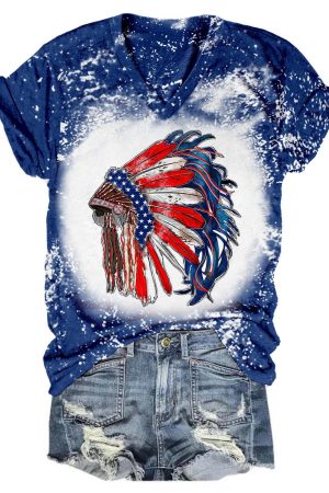 Star Stripe Native American Headwear Tie Dye V-Neck Shirt Fourth Of July Apparel Gifts