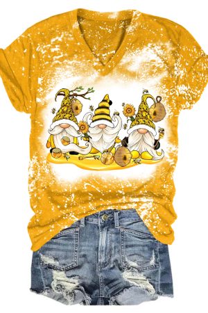 Sunflower Bee Gnome Bleaching V-Neck Shirt Cute Gnome Gift Ideas