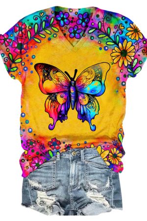 Sunflower Butterfly Colorful Print V-Neck V-Neck Shirt Butterfly Gift Ideas For Her