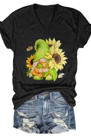Sunflower Gnome V-Neck Shirt Gifts For Gnome Lovers