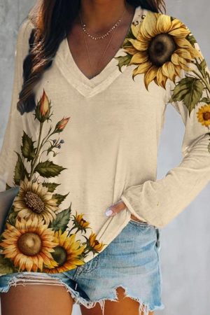 Sunflower Print V-Neck V-Neck Shirt Best Gifts For Ladies