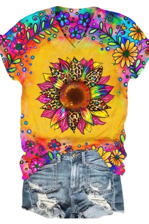 Sunflower Tie Dye Print V-Neck Shirt Gifts For Sunflower Lovers