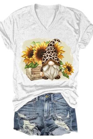 Sunflowers Leopard Gnome V-Neck Shirt Easter Gifts To Send