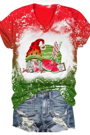 Sweet Summer Watermelon Gnome Tie Dye V-Neck Shirt Best Mother's Day Gifts