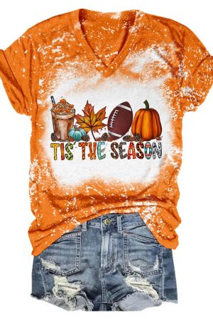 Tis The Season Football Pumpkin Tie Dye V-Neck Shirt Presents For Football Players Lovers