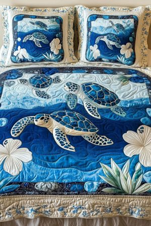 Turtle Lover Quilt Bedding Set Frosty Waters Ultimate Gift For Ocean And Turtle Lovers