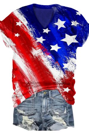 USA Flag Print V-Neck Shirt 4Th Of July Gifts For Her