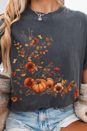 Vintage Fall Floral Pumpkin T-Shirt Gift For Women