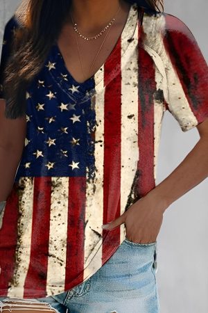 Vintage Flag Print Short Sleeve V-Neck Shirt 4Th Of July Gifts For Women