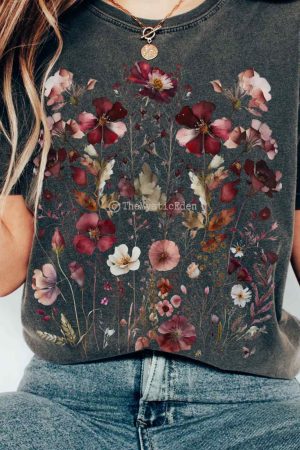 Vintage Maroon Pressed Flowers T-Shirt Gift For Girl