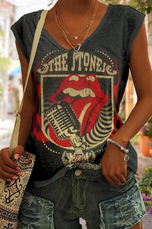 Vintage Microphone Lips V Neck Top Best Gifts For Women