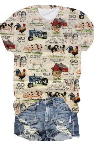 Vintage Western Farm Animal Print Crew Neck V-Neck Shirt Top 10 Birthday Gifts For Her