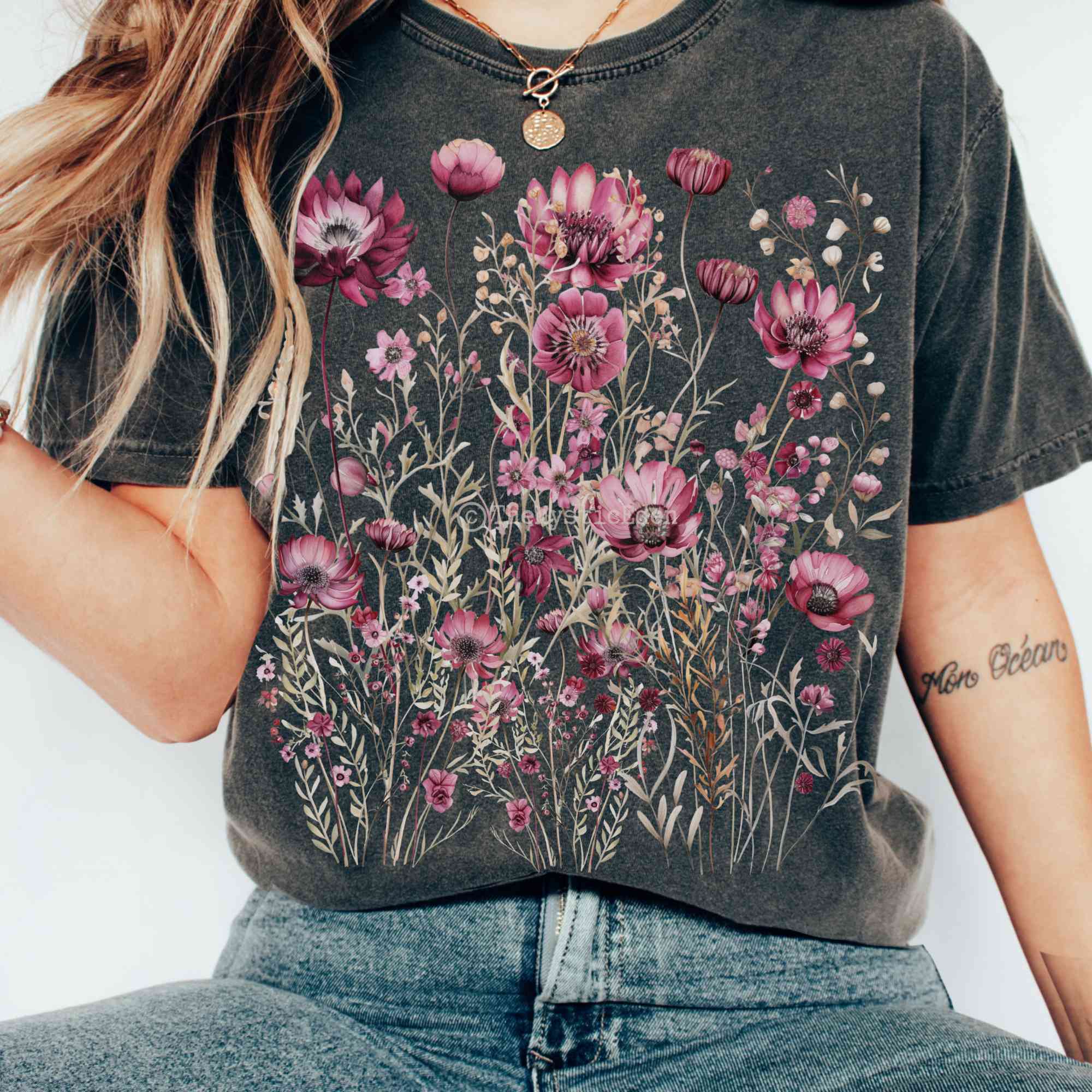 Vintage Wildflower Maroon Floral T-Shirt Gift For Girl