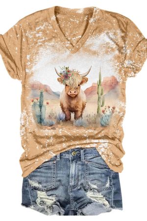 Western Highland Cow Print Tie Dye V-Neck Shirt Gifts For Highland Cow Lovers