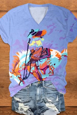 Western Watercolor Print V-Neck V-Neck Shirt Special Gifts For Her