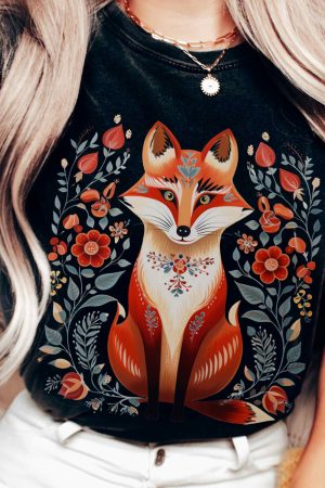 Whimsical Scandinavian Folk Art Fox T-Shirt Best Gift For Girlfriend