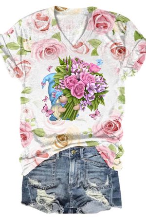 Wish You Happy Flower Butterfly Gnome Tie Dye V-Neck Shirt Cute Gifts For Mom