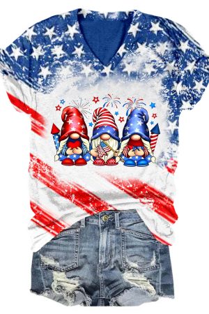 Women's American Flag Gnome Print V-Neck Shirt Meaningful Gifts For Her