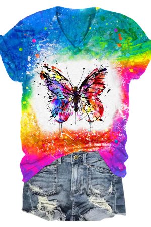 Women's Butterfly Print Tie Dye V-Neck V-Neck Shirt Butterfly Gift Ideas For Lovers
