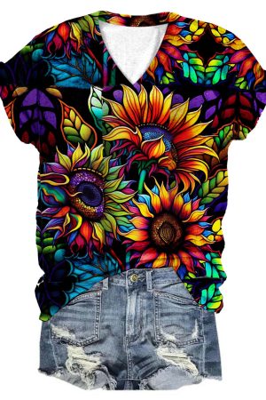 Women's Colorful Sunflower Print V-Neck Top Sunflower Items For Gifts