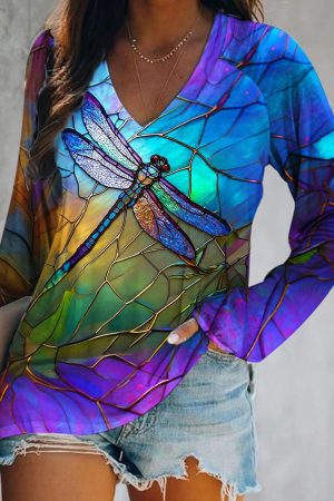 Women's Dragonfly Print V Neck Long Sleeve Top Unique Anniversary Gifts For Her