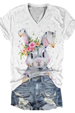 Women's Easter Bunny Print Solid V-Neck Shirt Easter Gifts For Adults