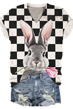Women's Easter Bunny Print V-Neck Top Best Easter Gifts
