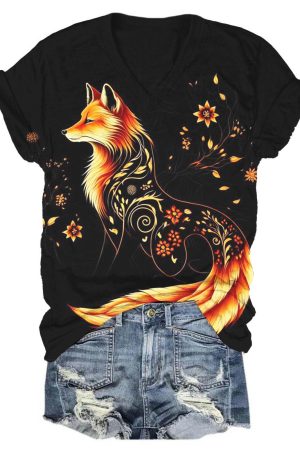 Women's Fall Fox Print Top Birthday Gifts For Her