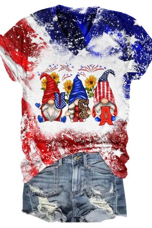 Women's Flag Gnome Print Short Sleeve V-Neck Shirt Independence Day Patriotic Apparel