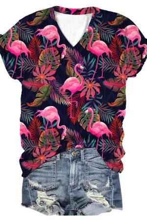 Women's Flamingo Print V-Neck Top Flamingo Presents