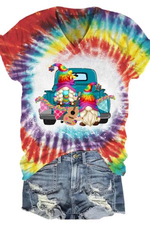 Women's Gnome Truck Hippie Tie Dye Print V-Neck Shirt Great Gifts For Hippies