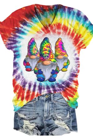 Women's Hippie Gnome Tie Dye Print Casual V-Neck Shirt Cute Gnome Gifts