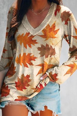 Women's Maple Leaf Print V-Neck Long Sleeve V-Neck Shirt Present Ideas For Women