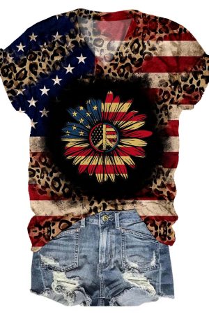 Women's Retro American Flag Sunflower Print Top 4Th Of July Gifts Patriotic Clothing