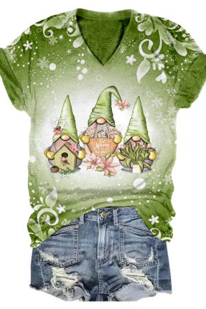 Women's Spring Gnome Print Casual Top Best Gifts For Her