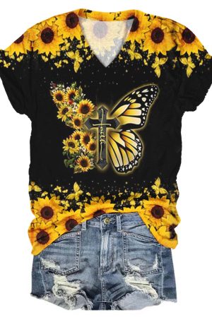 Women's Sunflower Butterfly Faith Print Top Birthday Gift Ideas For Her