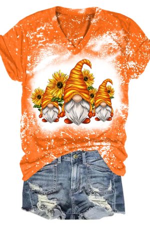 Women's Sunflower Gnome Print Tie Dye Top Best Gifts For Gnome Lovers