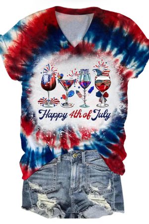 Women's Tie Dye Happy 4th of July Wine Glass Print Top Independence Day Gifts For Women