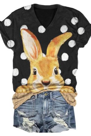 Women's V Neck Bunny Print Easter V-Neck Shirt Easter Gifts For Teens