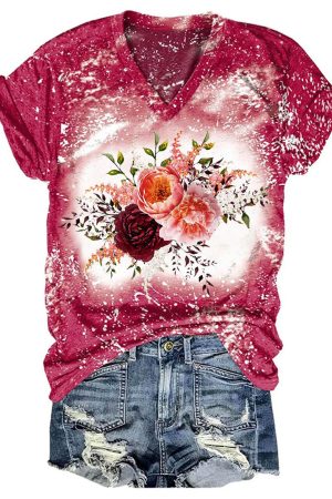Women's V Neck Floral Print Tie Dye Casual Top Thank You Gifts For Women