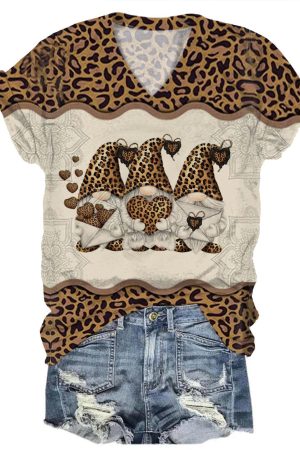 Women's V Neck Gnome Leopard Print Top Cute Gnome Presents