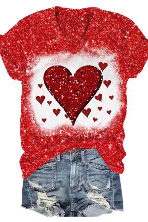 Women's Valentine's Day Heart Print Glitter V-Neck Shirt Unique Gifts For Women