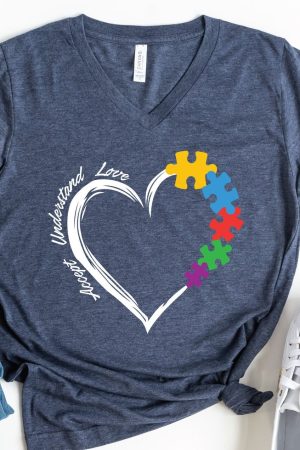 Autism Awareness Shirt Accept Understand Love V-Neck Gift for Her