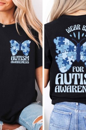 Butterfly I Wear Blue For Autism Awareness T-Shirt Perfect Gift for Wife