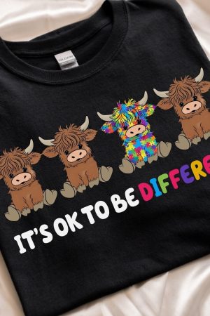 Highland Cow It's Ok To Be Different Shirt Autism Awareness T-Shirt Gifts For Friends